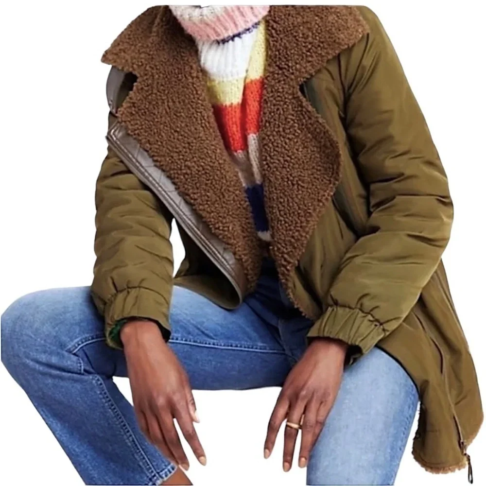 ANTHROPOLOGIE Joni Oversized Sherpa Lined Longline Moto Aviator Jacket LIKE NEW